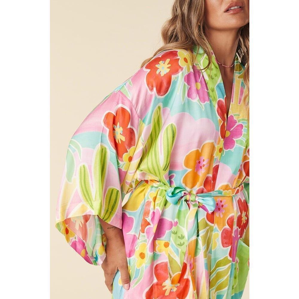 Spell Floral Pastel Silk Kimono Robe in Aqua, Pink & Yellow - Picture 7 of 10